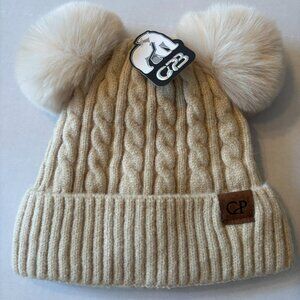NWT CPB women’s double Pom-Pom warm fleece lined cable knit beanie hat, Beige